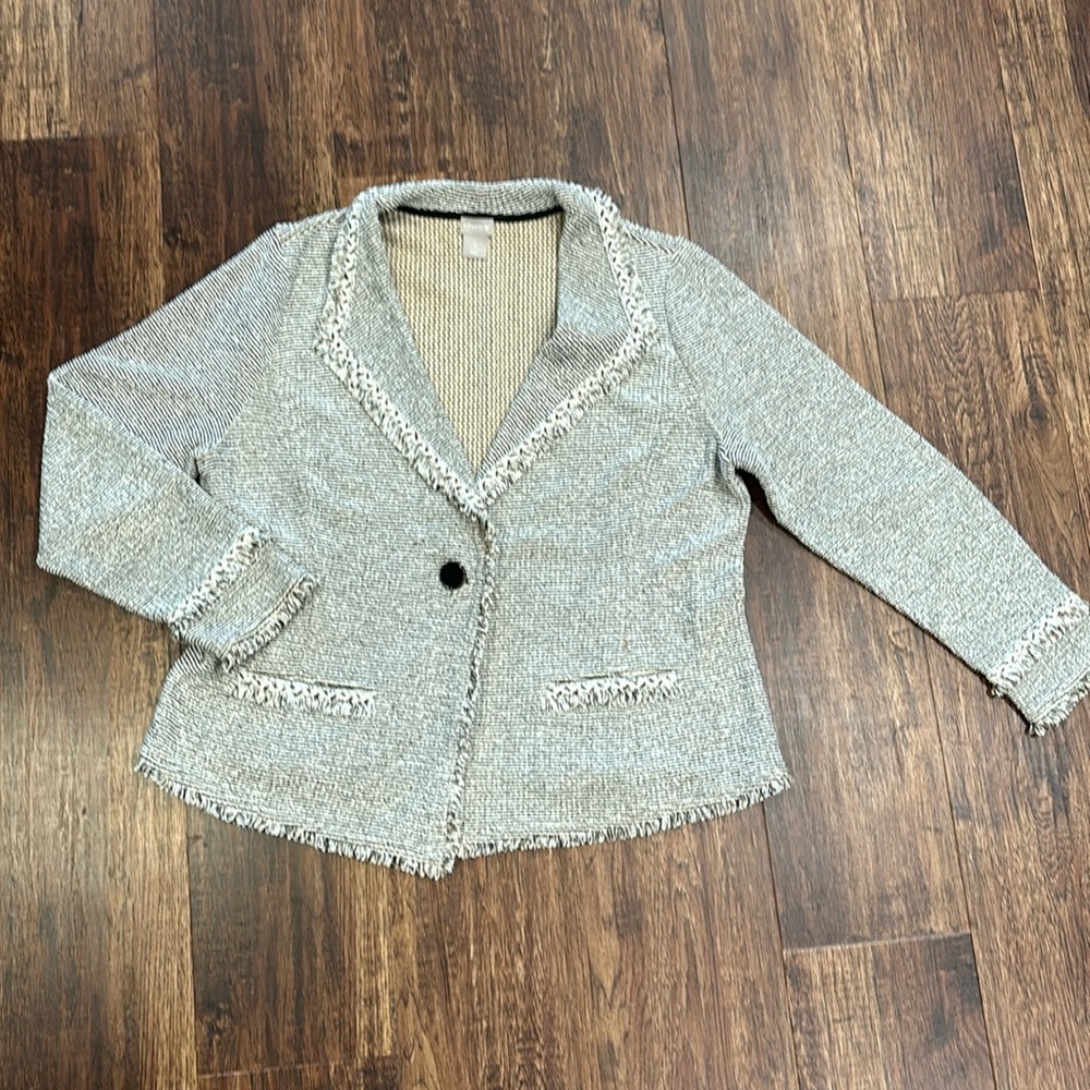 Chico’s Cardigan Blazer One-Button, Fringe Detailing. Size 2